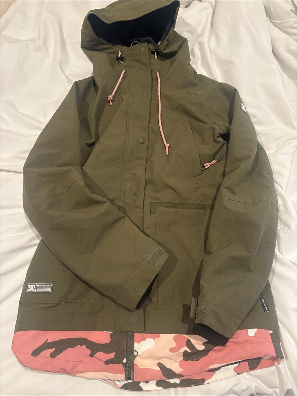 DC Olive Green Ski Jacket with Pink Camo Hem